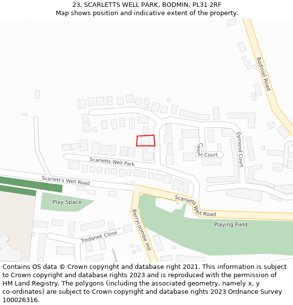 23, SCARLETTS WELL PARK, BODMIN, PL31 2RF: Location map and indicative extent of plot