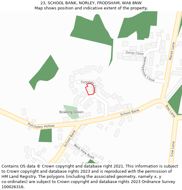23, SCHOOL BANK, NORLEY, FRODSHAM, WA6 8NW: Location map and indicative extent of plot