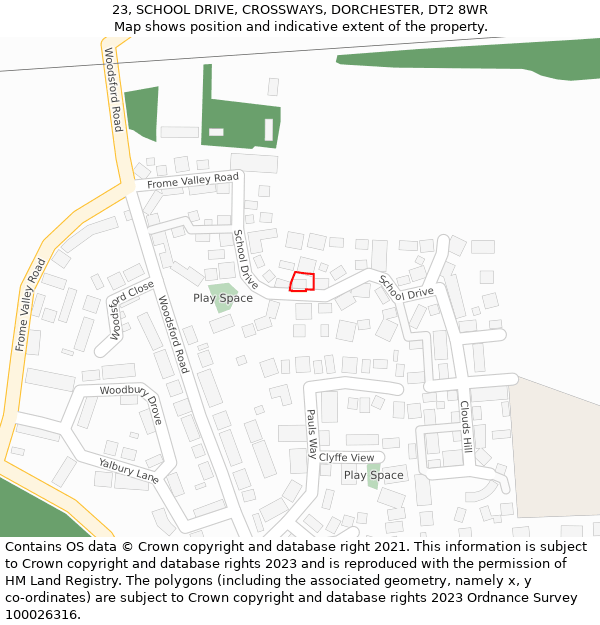 23, SCHOOL DRIVE, CROSSWAYS, DORCHESTER, DT2 8WR: Location map and indicative extent of plot
