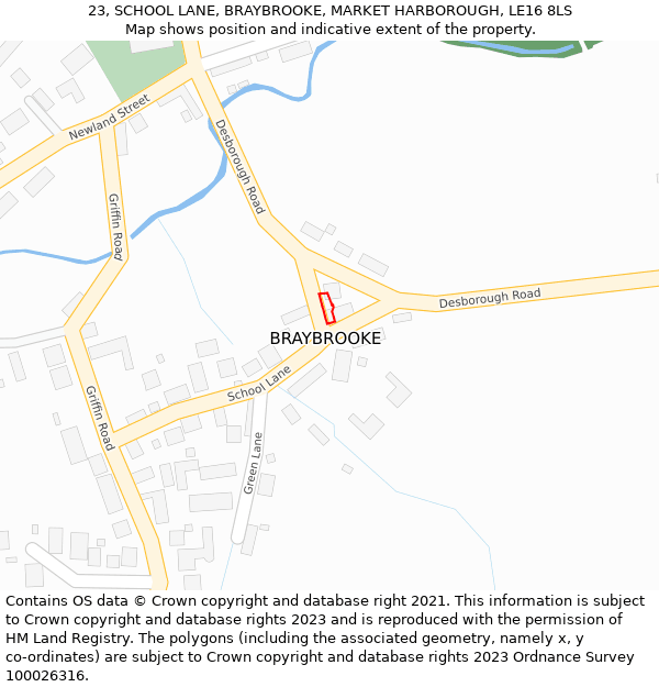 23, SCHOOL LANE, BRAYBROOKE, MARKET HARBOROUGH, LE16 8LS: Location map and indicative extent of plot