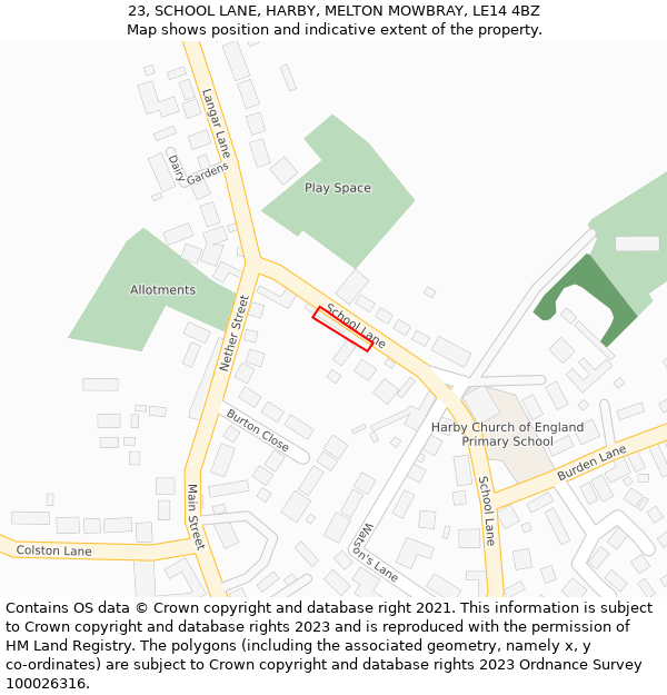 23, SCHOOL LANE, HARBY, MELTON MOWBRAY, LE14 4BZ: Location map and indicative extent of plot