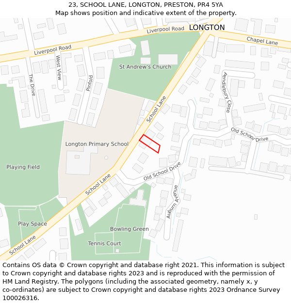 23, SCHOOL LANE, LONGTON, PRESTON, PR4 5YA: Location map and indicative extent of plot