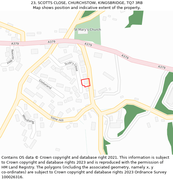 23, SCOTTS CLOSE, CHURCHSTOW, KINGSBRIDGE, TQ7 3RB: Location map and indicative extent of plot