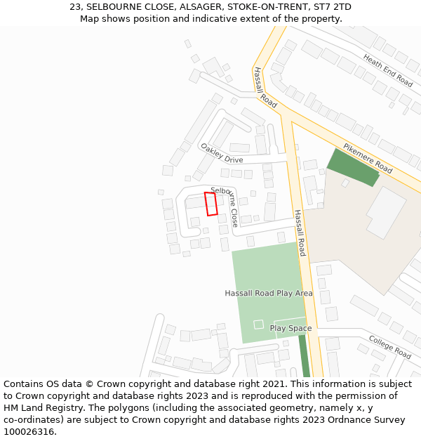 23, SELBOURNE CLOSE, ALSAGER, STOKE-ON-TRENT, ST7 2TD: Location map and indicative extent of plot