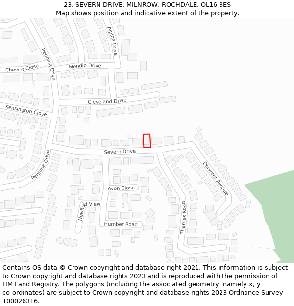 23, SEVERN DRIVE, MILNROW, ROCHDALE, OL16 3ES: Location map and indicative extent of plot