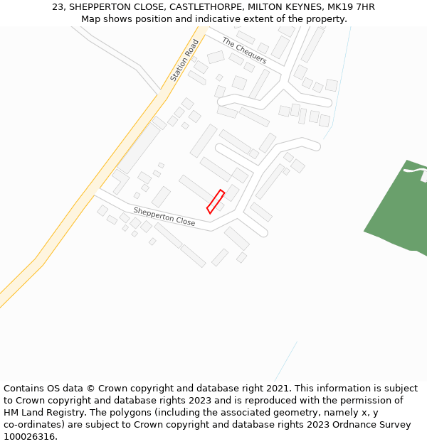 23, SHEPPERTON CLOSE, CASTLETHORPE, MILTON KEYNES, MK19 7HR: Location map and indicative extent of plot