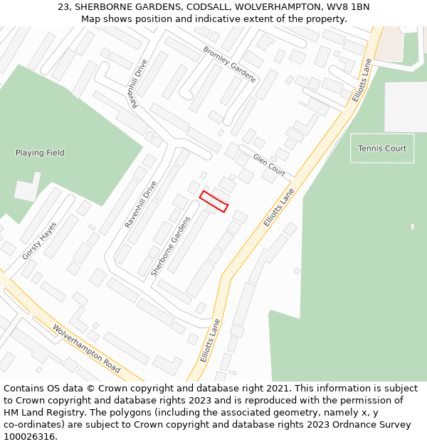 23, SHERBORNE GARDENS, CODSALL, WOLVERHAMPTON, WV8 1BN: Location map and indicative extent of plot