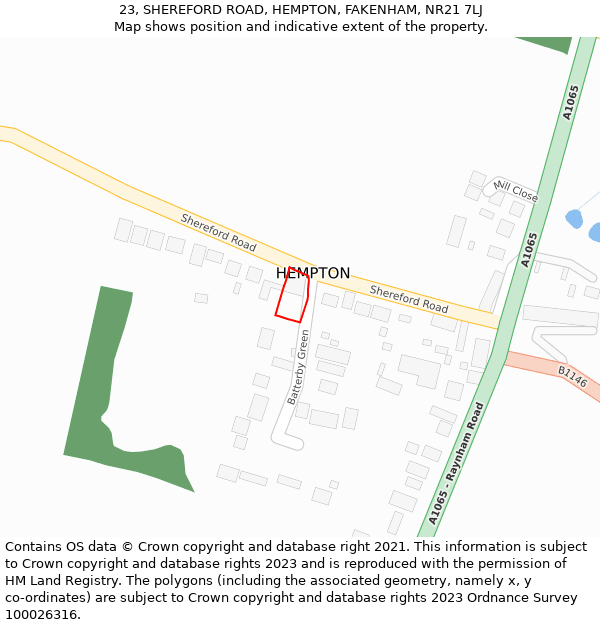 23, SHEREFORD ROAD, HEMPTON, FAKENHAM, NR21 7LJ: Location map and indicative extent of plot