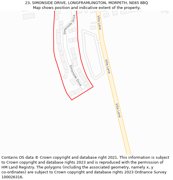 23, SIMONSIDE DRIVE, LONGFRAMLINGTON, MORPETH, NE65 8BQ: Location map and indicative extent of plot