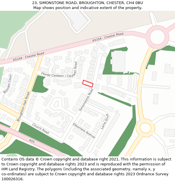 23, SIMONSTONE ROAD, BROUGHTON, CHESTER, CH4 0BU: Location map and indicative extent of plot