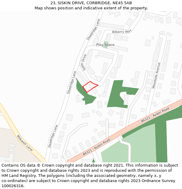 23, SISKIN DRIVE, CORBRIDGE, NE45 5AB: Location map and indicative extent of plot