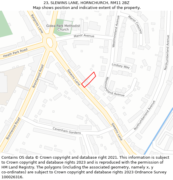 23, SLEWINS LANE, HORNCHURCH, RM11 2BZ: Location map and indicative extent of plot