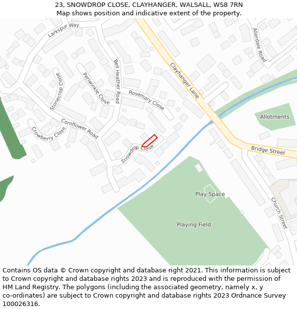 23, SNOWDROP CLOSE, CLAYHANGER, WALSALL, WS8 7RN: Location map and indicative extent of plot