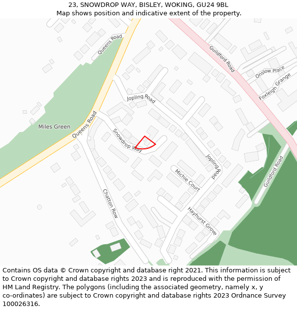 23, SNOWDROP WAY, BISLEY, WOKING, GU24 9BL: Location map and indicative extent of plot