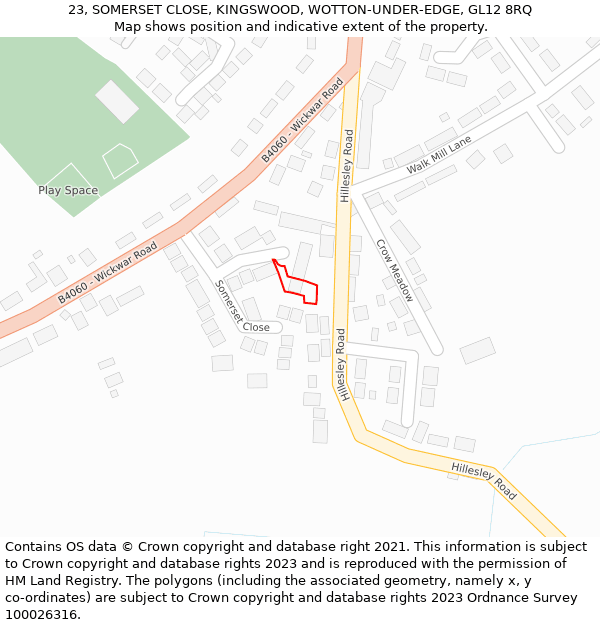 23, SOMERSET CLOSE, KINGSWOOD, WOTTON-UNDER-EDGE, GL12 8RQ: Location map and indicative extent of plot