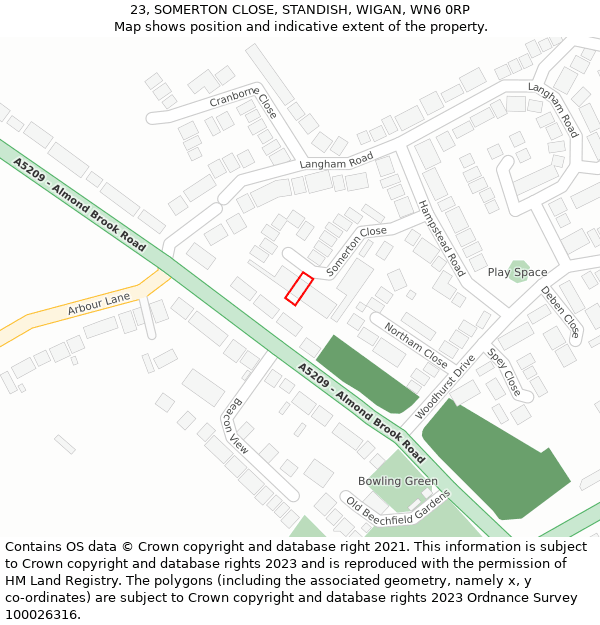 23, SOMERTON CLOSE, STANDISH, WIGAN, WN6 0RP: Location map and indicative extent of plot