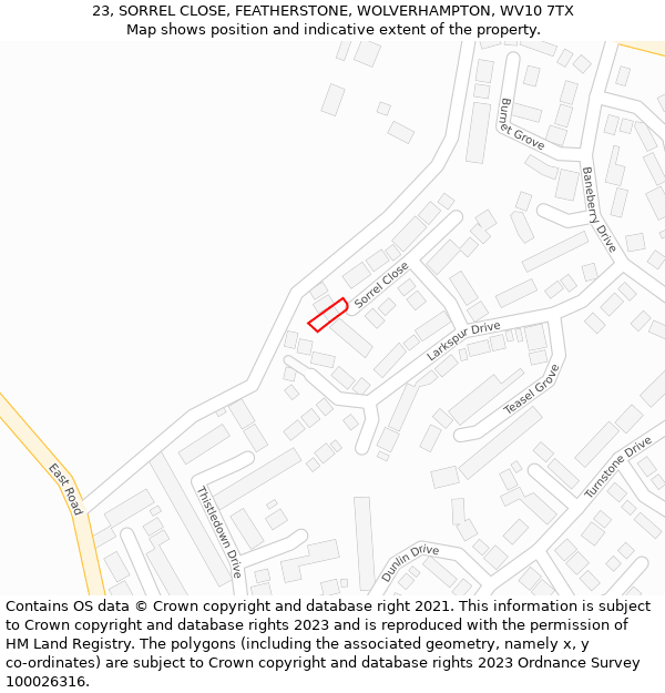 23, SORREL CLOSE, FEATHERSTONE, WOLVERHAMPTON, WV10 7TX: Location map and indicative extent of plot
