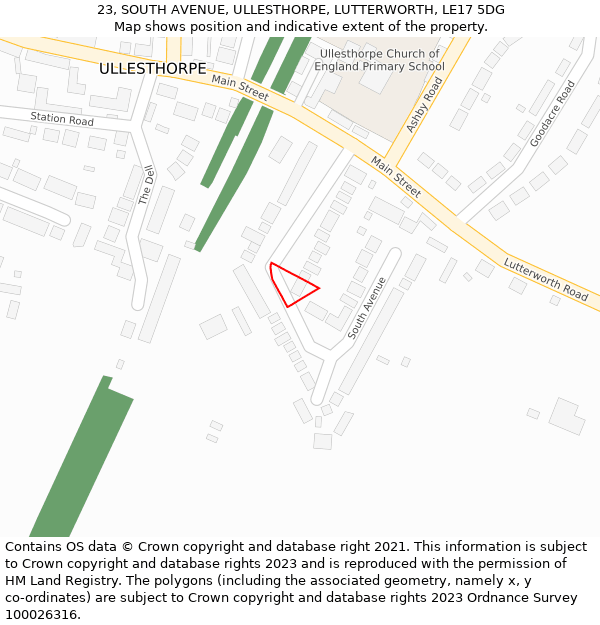 23, SOUTH AVENUE, ULLESTHORPE, LUTTERWORTH, LE17 5DG: Location map and indicative extent of plot