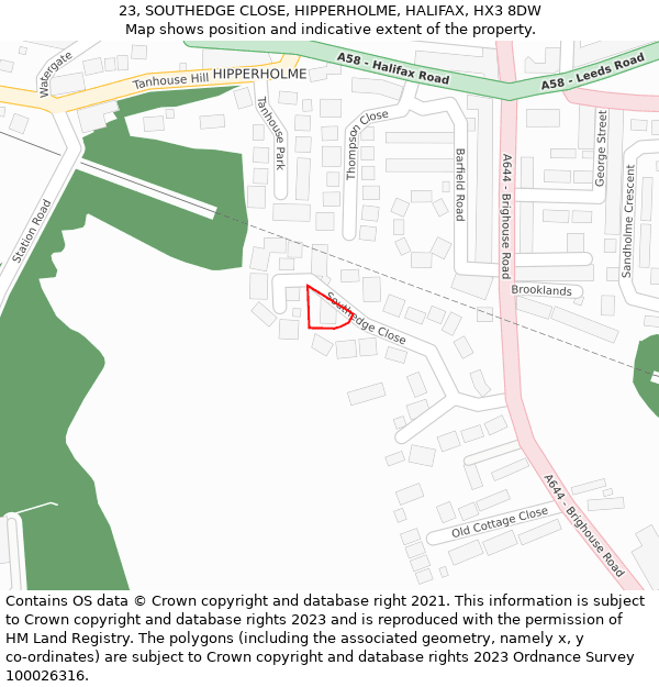 23, SOUTHEDGE CLOSE, HIPPERHOLME, HALIFAX, HX3 8DW: Location map and indicative extent of plot