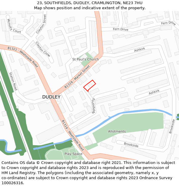 23, SOUTHFIELDS, DUDLEY, CRAMLINGTON, NE23 7HU: Location map and indicative extent of plot