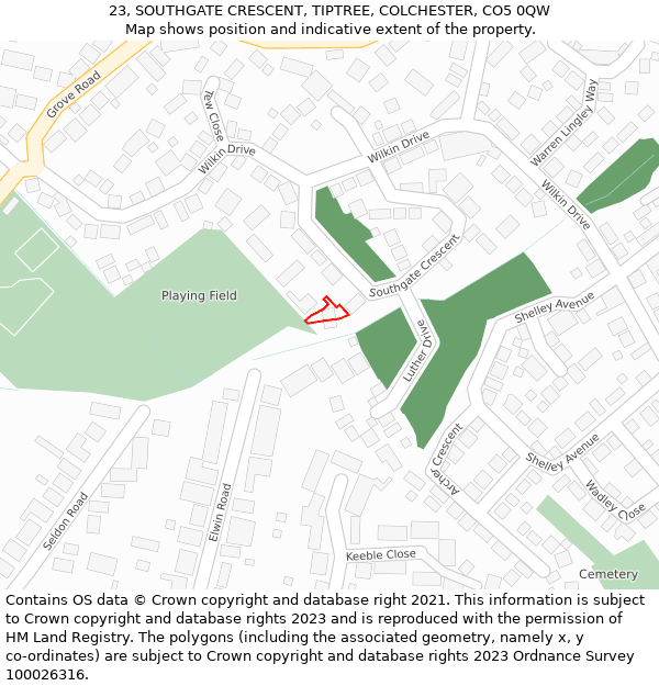 23, SOUTHGATE CRESCENT, TIPTREE, COLCHESTER, CO5 0QW: Location map and indicative extent of plot