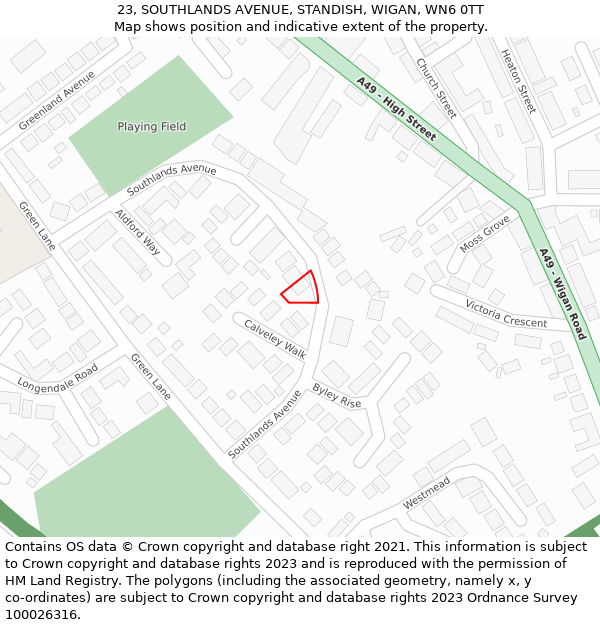 23, SOUTHLANDS AVENUE, STANDISH, WIGAN, WN6 0TT: Location map and indicative extent of plot