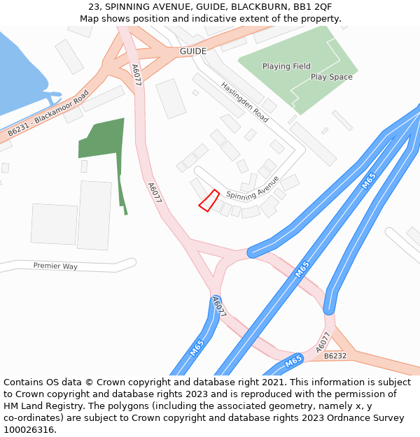 23, SPINNING AVENUE, GUIDE, BLACKBURN, BB1 2QF: Location map and indicative extent of plot