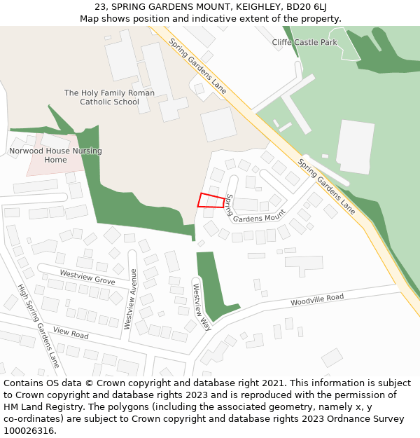 23, SPRING GARDENS MOUNT, KEIGHLEY, BD20 6LJ: Location map and indicative extent of plot