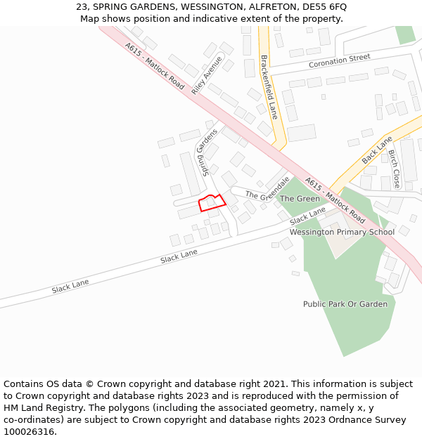 23, SPRING GARDENS, WESSINGTON, ALFRETON, DE55 6FQ: Location map and indicative extent of plot