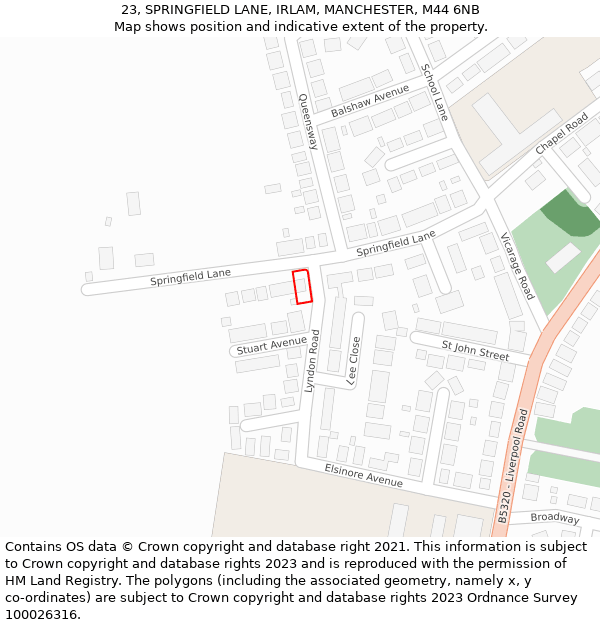 23, SPRINGFIELD LANE, IRLAM, MANCHESTER, M44 6NB: Location map and indicative extent of plot