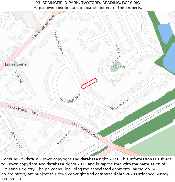 23, SPRINGFIELD PARK, TWYFORD, READING, RG10 9JG: Location map and indicative extent of plot