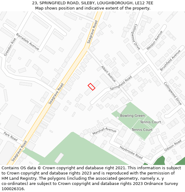 23, SPRINGFIELD ROAD, SILEBY, LOUGHBOROUGH, LE12 7EE: Location map and indicative extent of plot