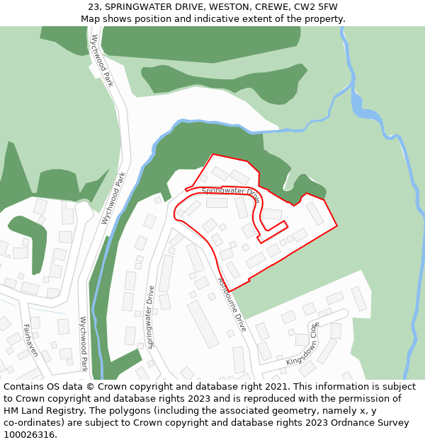 23, SPRINGWATER DRIVE, WESTON, CREWE, CW2 5FW: Location map and indicative extent of plot