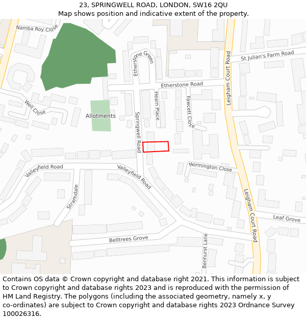 23, SPRINGWELL ROAD, LONDON, SW16 2QU: Location map and indicative extent of plot