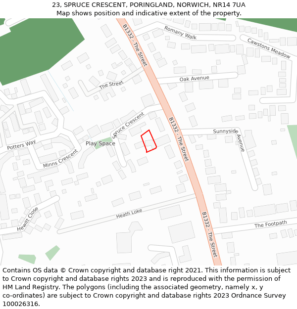 23, SPRUCE CRESCENT, PORINGLAND, NORWICH, NR14 7UA: Location map and indicative extent of plot