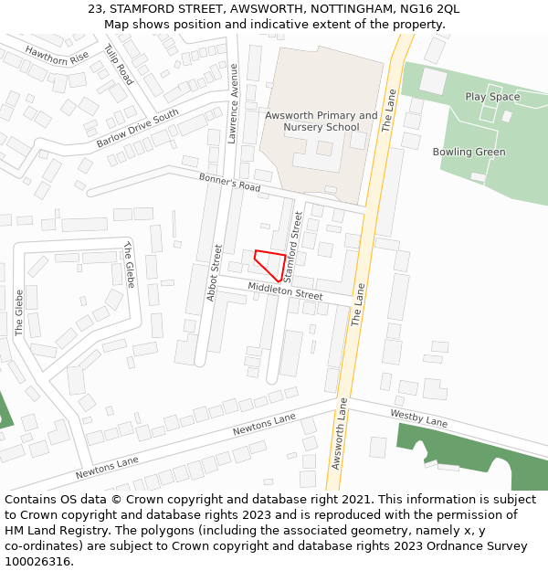 23, STAMFORD STREET, AWSWORTH, NOTTINGHAM, NG16 2QL: Location map and indicative extent of plot