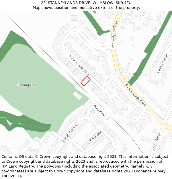 23, STANNEYLANDS DRIVE, WILMSLOW, SK9 4EU: Location map and indicative extent of plot