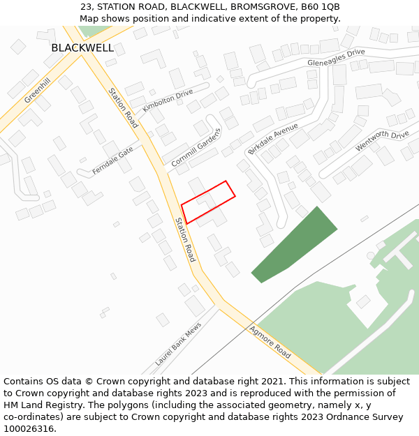 23, STATION ROAD, BLACKWELL, BROMSGROVE, B60 1QB: Location map and indicative extent of plot