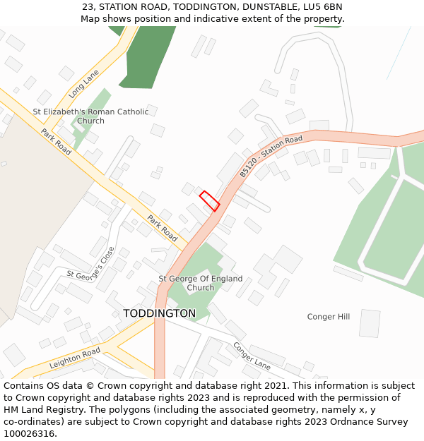 23, STATION ROAD, TODDINGTON, DUNSTABLE, LU5 6BN: Location map and indicative extent of plot