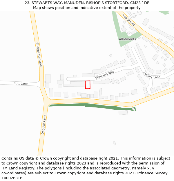 23, STEWARTS WAY, MANUDEN, BISHOP'S STORTFORD, CM23 1DR: Location map and indicative extent of plot