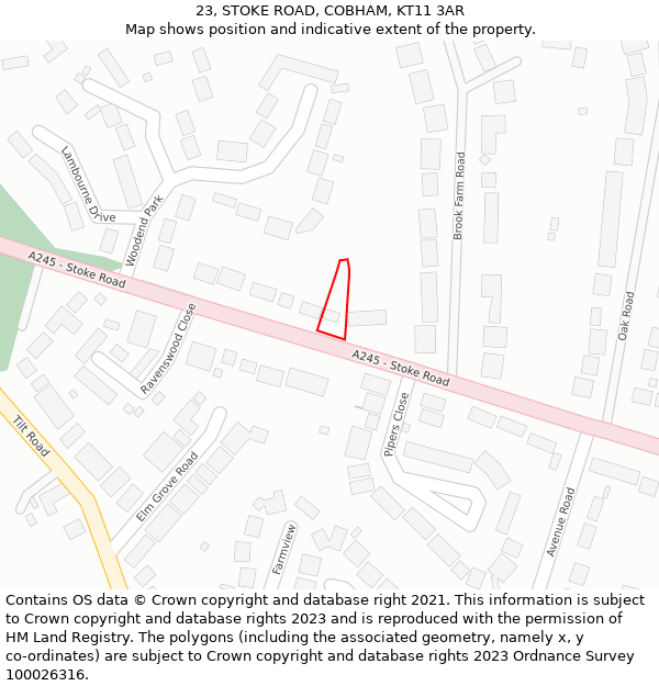 23, STOKE ROAD, COBHAM, KT11 3AR: Location map and indicative extent of plot