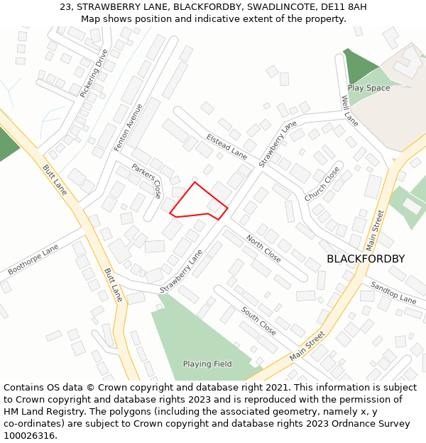 23, STRAWBERRY LANE, BLACKFORDBY, SWADLINCOTE, DE11 8AH: Location map and indicative extent of plot