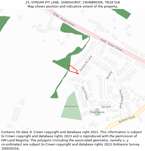 23, STREAM PIT LANE, SANDHURST, CRANBROOK, TN18 5LB: Location map and indicative extent of plot