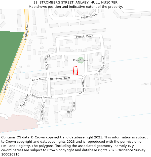 23, STROMBERG STREET, ANLABY, HULL, HU10 7ER: Location map and indicative extent of plot