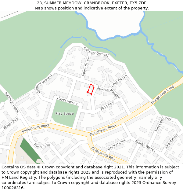 23, SUMMER MEADOW, CRANBROOK, EXETER, EX5 7DE: Location map and indicative extent of plot