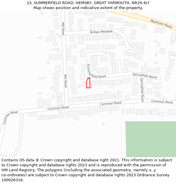 23, SUMMERFIELD ROAD, HEMSBY, GREAT YARMOUTH, NR29 4LY: Location map and indicative extent of plot