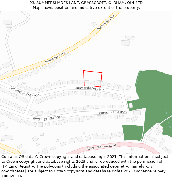 23, SUMMERSHADES LANE, GRASSCROFT, OLDHAM, OL4 4ED: Location map and indicative extent of plot