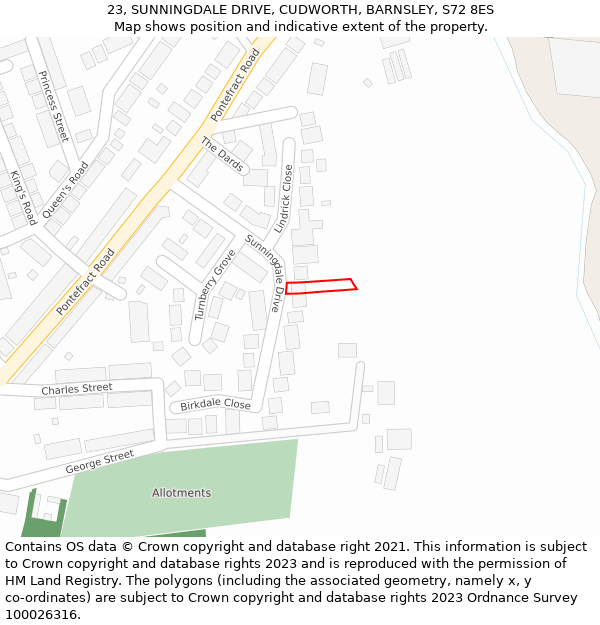 23, SUNNINGDALE DRIVE, CUDWORTH, BARNSLEY, S72 8ES: Location map and indicative extent of plot