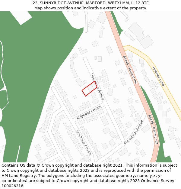 23, SUNNYRIDGE AVENUE, MARFORD, WREXHAM, LL12 8TE: Location map and indicative extent of plot