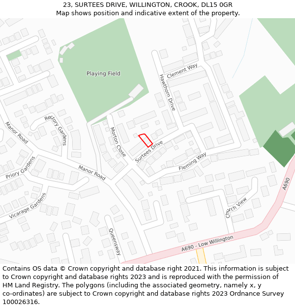 23, SURTEES DRIVE, WILLINGTON, CROOK, DL15 0GR: Location map and indicative extent of plot